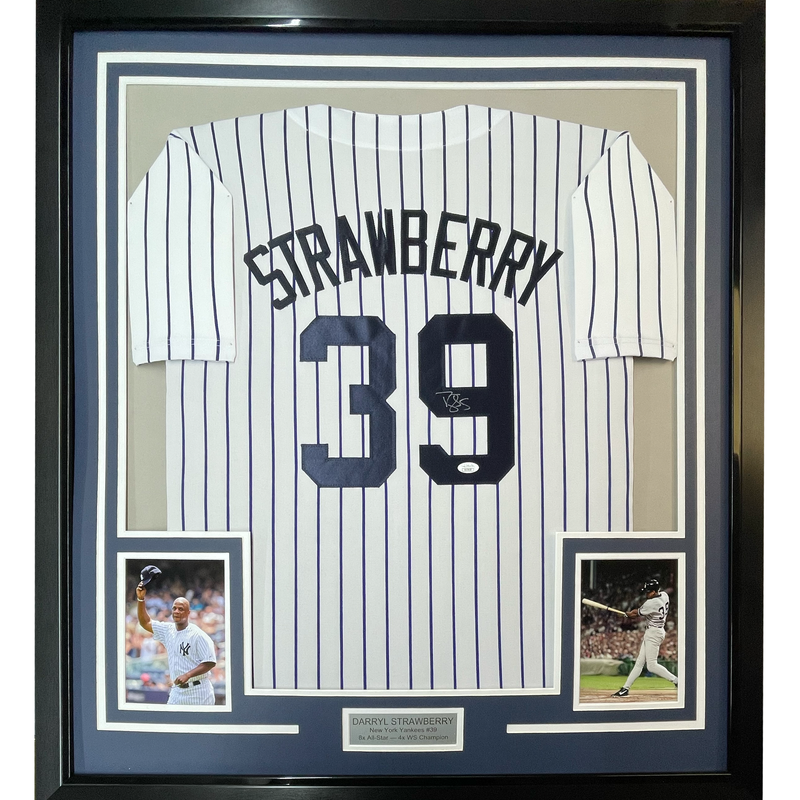 Autographed Darryl Strawberry 35x39 New York Pinstripe Framed Baseball Jersey