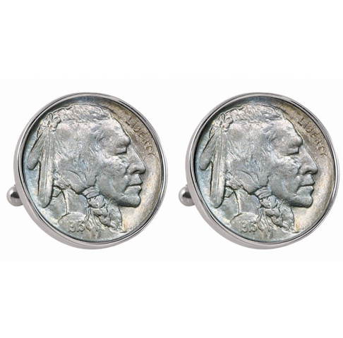 1913 First-Year-of-Issue Buffalo Nickel Silvertone Bezel Coin Cuff Links